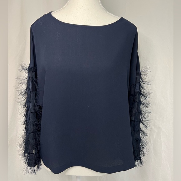 H&M Classy Feminine Summer Feather Shoulder Dark Blue See-Through Blouse - Picture 3 of 10